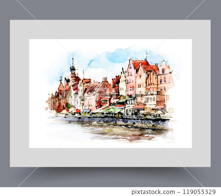 City pier with old buildings on river bank in Polish Gdansk on wall art. Watercolor artwork 119055329