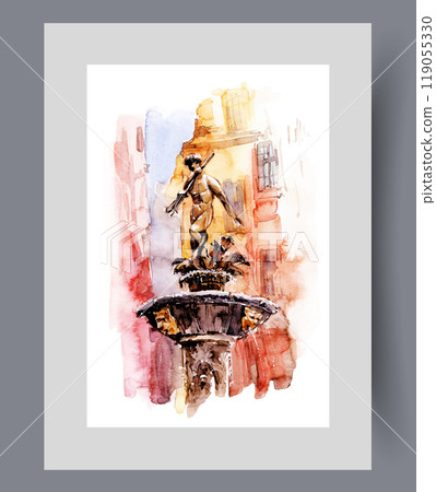 Neptune fountain in city of Gdansk in Poland, with man on column on wall art. Watercolor artwork Neptune fountain in city of Gdansk in Poland, with man on column on wall art. Watercolor artwork 119055330