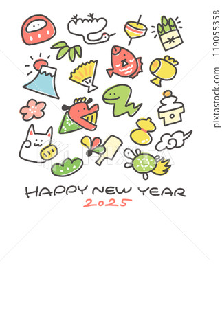 New Year's card with snake and New Year's lucky charms 2025 hand-drawn 119055358