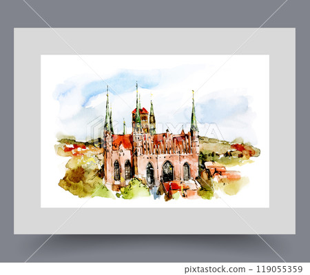 Gothic style building among trees in city of Gdansk in Poland on wall art. Watercolor artwork 119055359