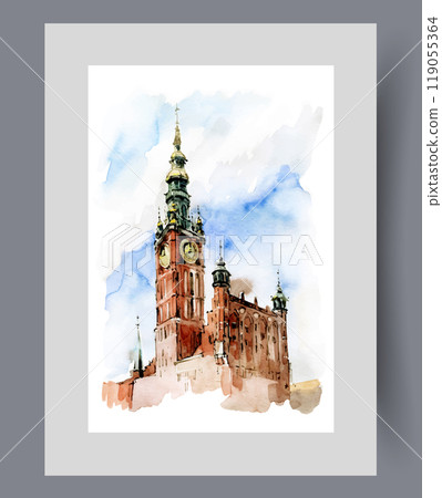 Building with clock on top of tower in Poland in city of Gdansk on wall art. Watercolor artwork 119055364