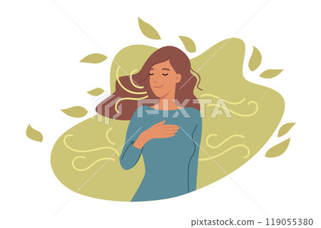 Woman develops mindfulness through meditation in park and enjoying fresh air produced by plants 119055380