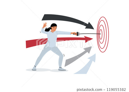 Purposeful woman hits target with rapier, demonstrating accuracy and skills in using edged weapons Purposeful woman hits target with rapier, demonstrating accuracy and skills in using edged weapons 119055382