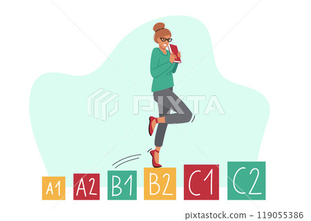 Woman studies english and makes progress, walking up steps symbolizing level of knowledge 119055386