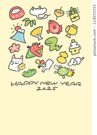 新年賀卡與蛇、新年幸運符 2025 年手繪 119055553
