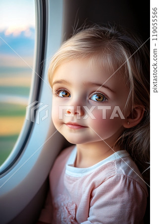 Curious Toddler Gazes Out Airplane Window During Scenic Flight 119055566