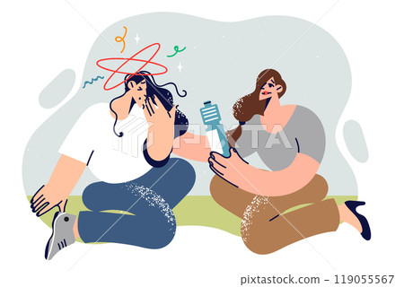 Woman fell into water from exhaustion, sits next to girl offering bottle of water to recover 119055567
