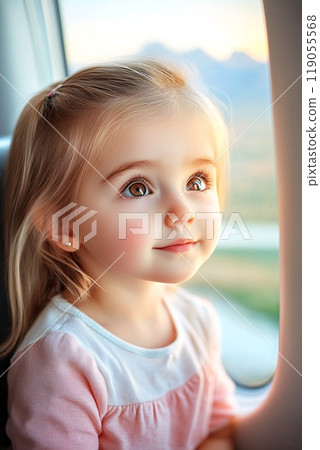 Curious Young Girl Gazing Out Airplane Window During Sunset Flight 119055568