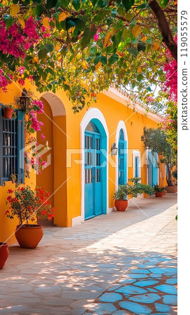 Colorful Mediterranean Alley with Vibrant Flowering Plants and Bright Facades Colorful Mediterranean Alley with Vibrant Flowering Plants and Bright Facades 119055579