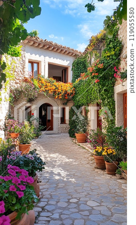 Charming Mediterranean Stone House with Vibrant Flower Pots in a Quaint Alley 119055580