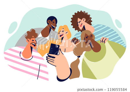 Happy friends take selfie together on their phone as souvenir of cool friday night party 119055584