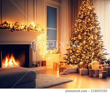 Cozy Living Room with Decorated Christmas Tree and Glowing Fireplace at Night 119055585
