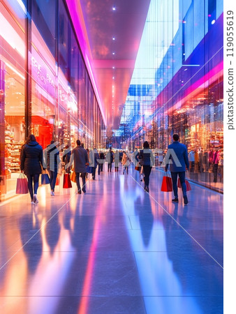 Shoppers Walking Through Modern Mall at Dusk with Shopping Bags and Reflections 119055619