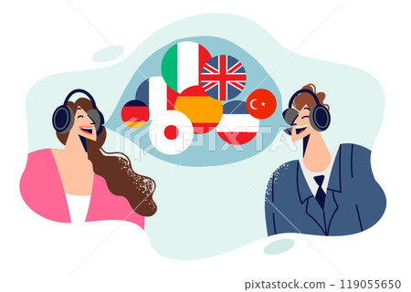 Simultaneous translation technology for man and woman using headphones and translator to communicate Simultaneous translation technology for man and woman using headphones and translator to communicate 119055650