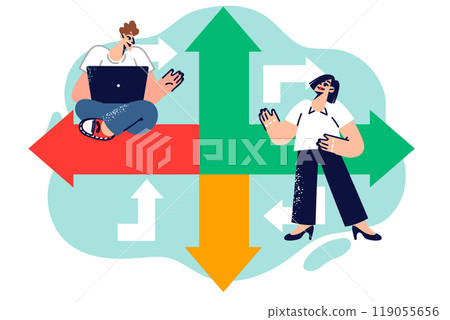 Teamwork of man and woman discussing business strategy, finding solution and way out of impasse 119055656