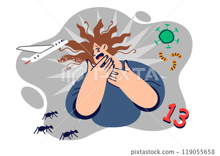 Irrational phobias and fears in women who is afraid airplanes and number 13 or insects and bacteria Irrational phobias and fears in women who is afraid airplanes and number 13 or insects and bacteria 119055658