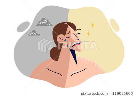 Hypersensitive woman suffers from bad weather and enjoys sun, due to start production of melatonin 119055660