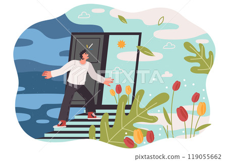 Progress for man getting out of cloudy place and entering through door into area with summer weather 119055662