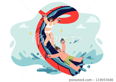 Waterslide in water park with laughing children sliding down into pool and splashing water Waterslide in water park with laughing children sliding down into pool and splashing water 119055686