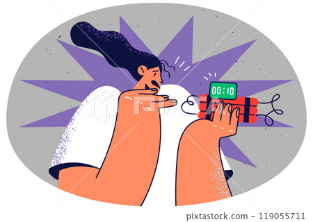 Scared woman with dynamite in hands 119055711