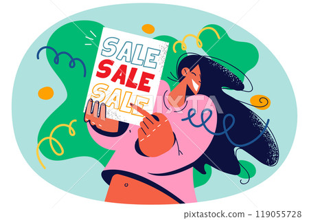 Smiling woman point at sale advertising 119055728