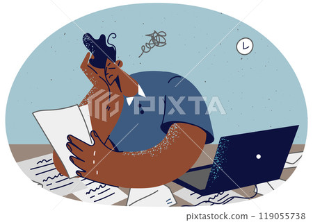 Tired employee overwhelmed with paperwork Tired employee overwhelmed with paperwork 119055738