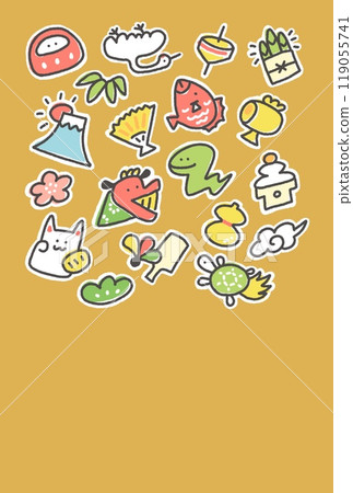 Snakes and New Year's lucky charms, New Year's card material, hand-drawn, Year of the snake, gold Snakes and New Year's lucky charms, New Year's card material, hand-drawn, Year of the snake, gold 119055741