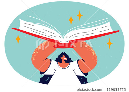 Smiling girl with huge book in hands Smiling girl with huge book in hands 119055753
