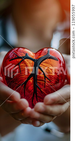 Hands Holding Glass Heart with Arteries in Outdoor Natural Light 119055997