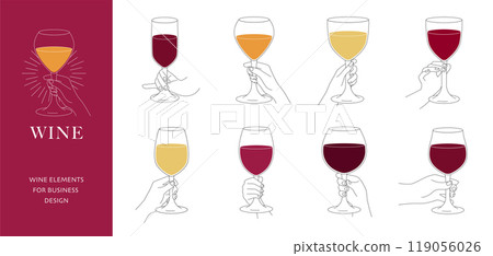 Hands Holding Wine Glasses in Various Poses Outline Set with Colored Wine in a vector illustration 119056026