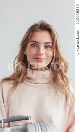 Young Woman with Travel Luggage, in Casual Clothes, Ready for New Adventure Young Woman with Travel Luggage, in Casual Clothes, Ready for New Adventure 119056259