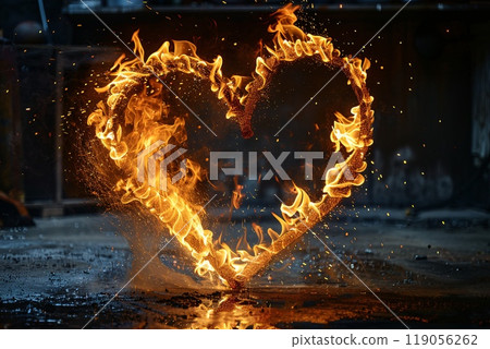 Glowing Fiery Heart Shape Burning Brightly in the Darkness at Night Glowing Fiery Heart Shape Burning Brightly in the Darkness at Night 119056262