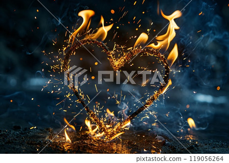 Burning Heart Shaped Sparkler Creating Romantic Firework Effect at Night Burning Heart Shaped Sparkler Creating Romantic Firework Effect at Night 119056264