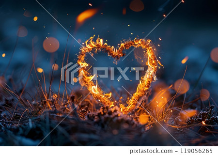 Glowing Fiery Heart Shape Burning Brightly in the Darkness at Night 119056265