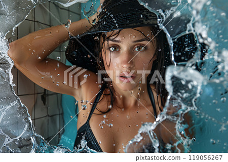 Intrigued Woman in Black Hat and Swimsuit with Splashing Water, Close-Up Perspective 119056267