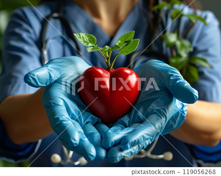 Doctor Holding a Heart-Shaped Plant Promoting Health and Environmental Care 119056268