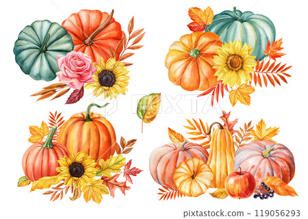 Set pumpkins, leaves, flowers isolated background, watercolor painting fall illustration, holiday decorations clip art 119056293