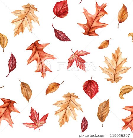 Vibrant watercolor autumn leaves seamless pattern. Fall foliage for seasonal designs, hand-painted colorful dry leaves 119056297
