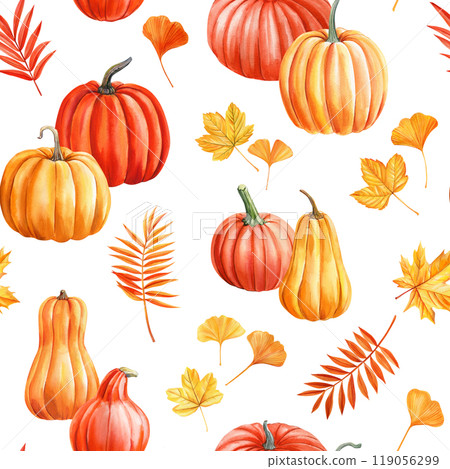 Beautiful pumpkins, fall foliage seamless pattern. Autumn watercolor hand-painted nature pattern for seasonal designs 119056299