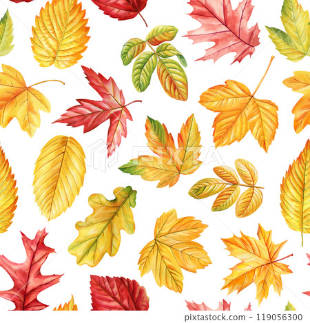 Vibrant watercolor autumn leaves seamless pattern. Fall foliage for seasonal designs, hand-painted colorful dry leaves 119056300