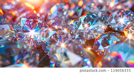 Shimmering Close-up of Brilliant Cut Diamonds Reflecting Colorful Lights and Sparkles 119056355