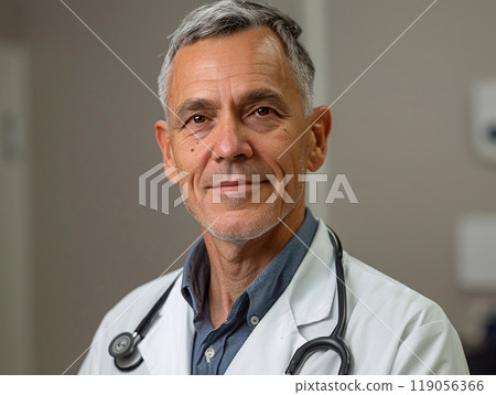 Experienced Male Doctor in White Coat with Stethoscope Posing in Medical Office 119056366