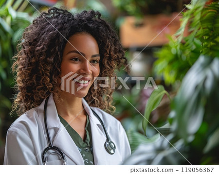 Smiling Female Doctor in White Coat with Stethoscope Surrounded by Lush Greenery 119056367