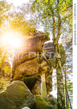 Golden sunlight filters through the vibrant autumn foliage, illuminating the majestic Besedice Rocks in Bohemian Paradise, creating a serene atmosphere for nature lovers. Golden sunlight filters through the vibrant autumn foliage, illuminating the majestic Besedice Rocks in Bohemian Paradise, creating a serene atmosphere for nature lovers. 119056414