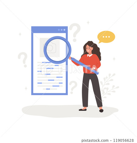 Lsi keyword. Latent Semantic Indexing. SEO concept. Vector illustration in flat cartoon style. Female character with magnifier is engaged in Web analysis and word search optimization 119056628