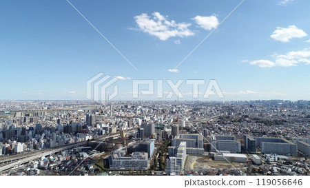 Aerial view of Akabane, Tokyo with Skytree in the distance 119056646