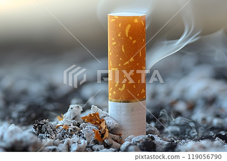 Smoking Hazard Concept: Cigarette Butt in Ashes Generative AI Smoking Hazard Concept: Cigarette Butt in Ashes Generative AI 119056790