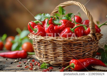 Vibrant Red Peppers in Rustic Basket - Fresh Vegetables for Culinary Inspiration Generative AI 119056824