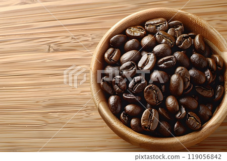 Aromatic Coffee Beans in Rustic Wooden Bowl for Cafes and Kitchens Generative AI 119056842