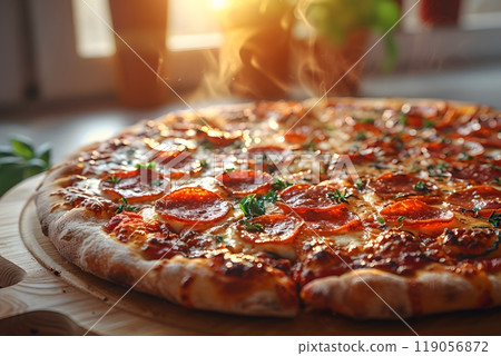 Freshly Baked Pepperoni Pizza with Steam Rising in Sunlit Kitchen Generative AI 119056872